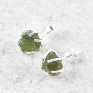Beautiful Pair Of Raw Moldavite Earrings Wrapped In Sterling Silver, Moldavite Ear Studs, Czec Moldavite, 925 Solid Sterling Silver Studs