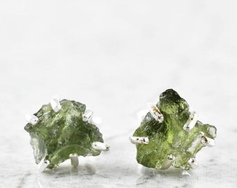 Marvelous Pair Of Raw Moldavite Earrings Wrapped In Sterling Silver, Moldavite Ear Studs, Czec Moldavite, 925 Solid Sterling Silver Studs