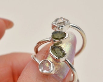 Moldavite Raw Ring With Herkimar Diamond Stone   - Raw Moldavite Sterling Silver Ring - - Rough Raw Moldavite - Moldavite - Tektite ring