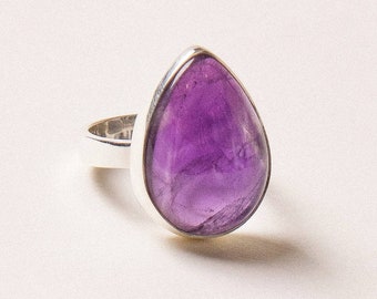 Unique Pear Shaped Amethyst Ring Engagement Ring Handmade Ring Nature Inspired Cabochon Amethyst ring Purple Stone Ring 925 Silver Ring