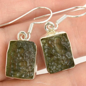 Genuine Moldavite Rough Earring 100% Natural With Certified Gemstone From Czech Republic 925 Sterling Silver Handmade Designer Jewelry
