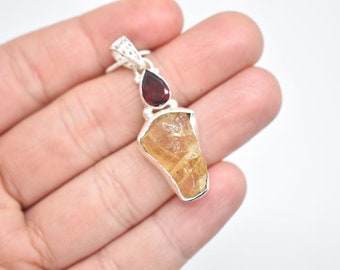 Citrine and Garnet Sterling Silver Necklace Natural raw Citrine necklace 925 Stealing Silver Necklace