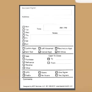 May include: A white sticky note pad with a black border and the text "Notary Sticky Pad" at the top. The pad has a checklist for notary appointments, including sections for borrower/signer information, date, time, notes, and services performed.