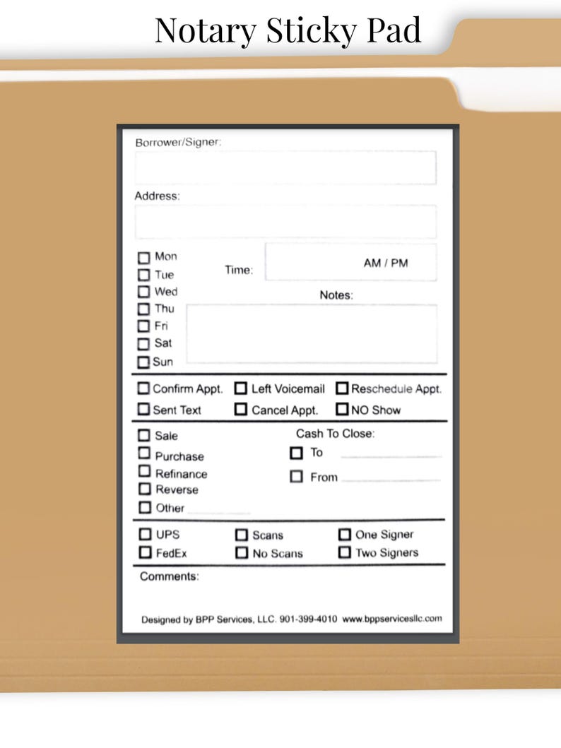 May include: A white sticky note pad with a black border and the text "Notary Sticky Pad" at the top. The pad has a checklist for notary appointments, including sections for borrower/signer information, date, time, notes, and services performed.