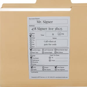 May include: A beige file folder with a white label. The label has a form for a borrower or signer's name, address, and appointment details. The form includes checkboxes for appointment confirmation, delivery method, and the number of signers. The text on the label reads "Borrower/Signer: Mr. Signer, Address: 478 Signer Ave 38125, Time: 9 AM/PM, Notes: Call when at gate for code, Confirm Appt., Sent Text, Sale, Purchase, Refinance, Reverse, Other, UPS, FedEx, Scans, No Scans, One Signer, Two Signers, Comments: Designed by BPP Services, LLC, 901-3299-4010 www.bppservicesic.com".