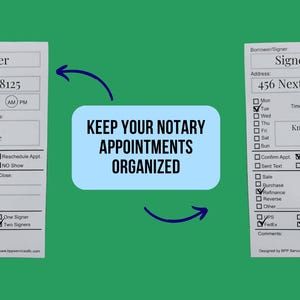 May include: Two white forms with checkboxes and fields for entering information about notary appointments. The forms are labeled "Mr. & Mrs. Signer" and "Signer One". The text "KEEP YOUR NOTARY APPOINTMENTS ORGANIZED" is written in blue on a light blue background.
