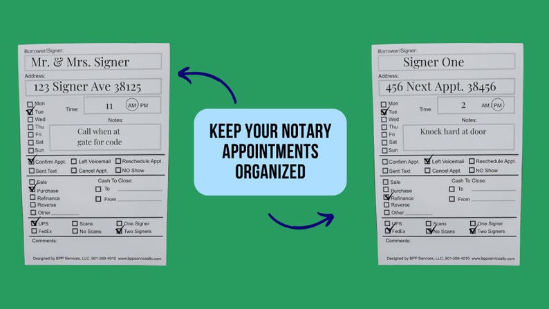 May include: Two white forms with checkboxes and fields for entering information about notary appointments. The forms are labeled "Mr. & Mrs. Signer" and "Signer One". The text "KEEP YOUR NOTARY APPOINTMENTS ORGANIZED" is written in blue on a light blue background.