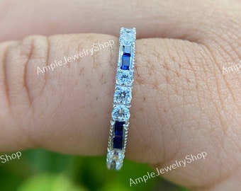 Vintage Argentium Silver Diamond & Sapphire Eternity Band