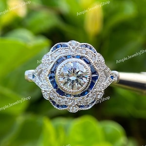 Bague de fiançailles avec diamants européens anciens de 2 carats, vintage des années 1890, bague de fiançailles Art déco avec bague en saphir bleu en argent argentium 935, bijoux rétro Art déco