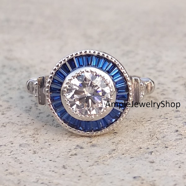 1890's 2.00ct Vintage Round Cut Diamond Ring Halo Blue Sapphire Art Deco Ring Bezel Set Edwardian Engagement Ring In 935 Argentium Silver