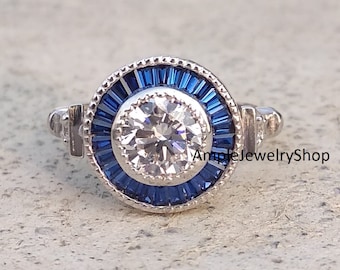 1890&#39;s 2.00ct Vintage Round Cut Diamond Ring Halo Blue Sapphire Art Deco Ring Bezel Set Edwardian Engagement Ring In 935 Argentium Silver