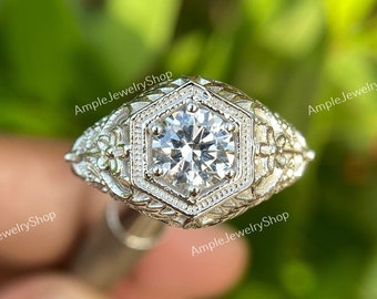 1890s Old European Diamond Antique Edwardian Ring Art Deco Engagement Ring In 935Argentium Silver, Vintage Flower Ring, Mid Century Ring
