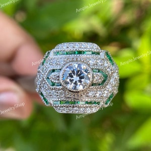 1890s Art Deco Antique Emerald & Diamond Engagement Ring in 935 Argentium Silver Big Vintage Ring Antique Birthstone Ring Anniversary Gift