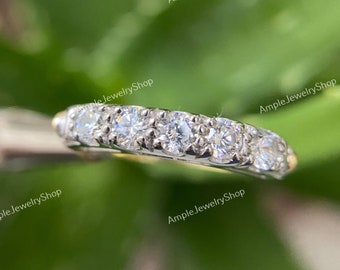 Circa 1890s Vintage Art Deco Diamond Wedding Band Ring, Two Tone Band, Stacking Band Antique Band, Five Stone Band Dainty Band Eternity Band