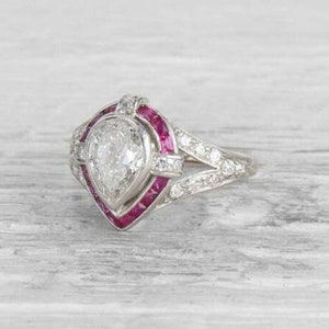 1890's Vintage 2.50ct Pear Cut Diamond Ring Halo Pink Sapphire Art Deco Ring Bezel Set Edwardian Engagement Ring In 935 Argentium Silver