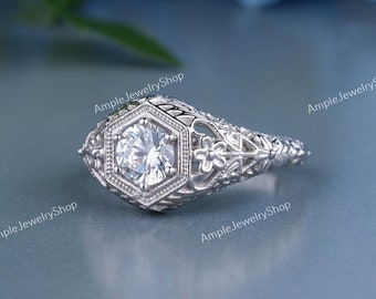 1890s Old European Diamond Antique Edwardian Ring Art Deco Engagement Ring In 935Argentium Silver, Vintage Flower Ring, Mid Century Ring