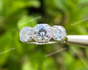 1890s Vintage Art Deco Trilogy Estate Ring, 2 Ct Old European Diamond Engagement Ring In 935 Argentium Silver, Antique Engagement Ring Gift