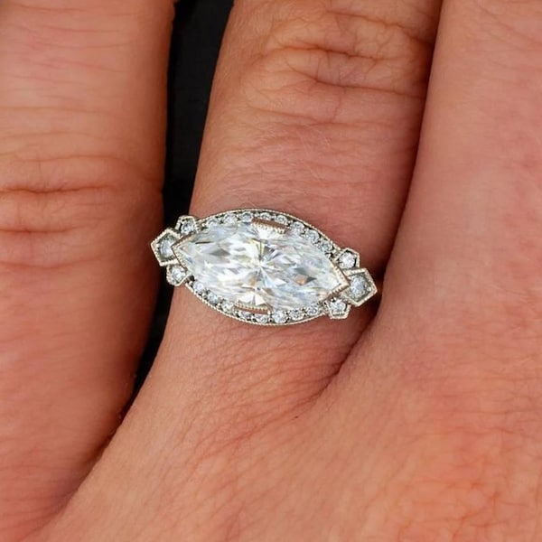 1890's Edwardian East West Marquise Cut Diamond Vintage Engagement Ring Marquise Solitaire Ring Vintage Jewelry Ring Halo Art Deco Ring