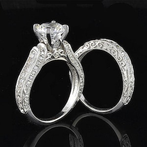 Conjunto de noivado vintage eduardiano Art Déco com diamante redondo de 2,10 ct de estilo Art Déco, década de 1890, em prata 935 Argentium.