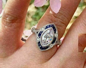 1890s 2.10 Ct Target Halo Marquise Cut Diamond Iconic Retro Vintage Engagement Ring in 935 Argentium Silver Art Deco Ring Blue Sapphire Ring