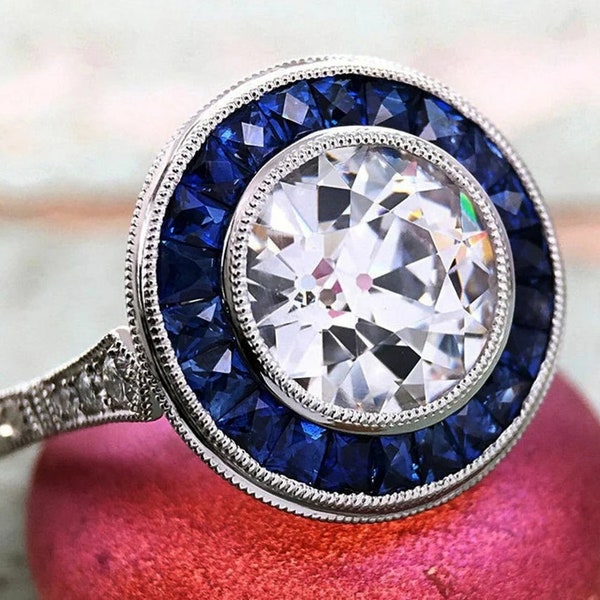 1890s Era VIntage Old Europen Diamond Engagement Ring, Antique Art Deco Ring In 935 Argentium Silver, Blue Sapphire Halo Ring, Estate Ring