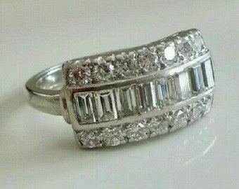 Circa 1890 Edwardian Art Déco Diamod Bague de fiançailles en argent 935 Argentium, coupe ronde et bague en diamant baguette Bague de bijoux Antiue Estate