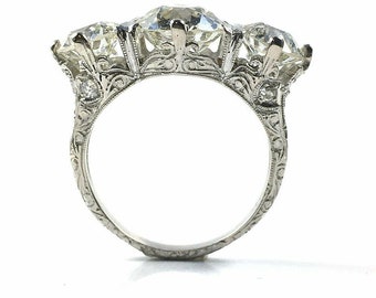 1890's Vintage Edwardian Engagement Ring, 4.00 Carat Round Cut Diamond Ring, Art Deco Ring Vintage Ring in 935 Argentium Silver 3 Stone Ring