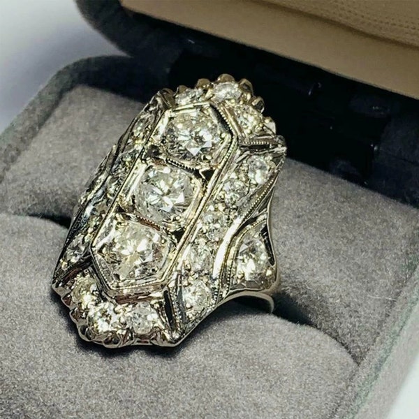 2.75 Ct Stunning Art Deco Three Stone Diamond Filigree Statement Ring, Engagement Ring in 935 Argentium Silver, Art Deco Ring collection