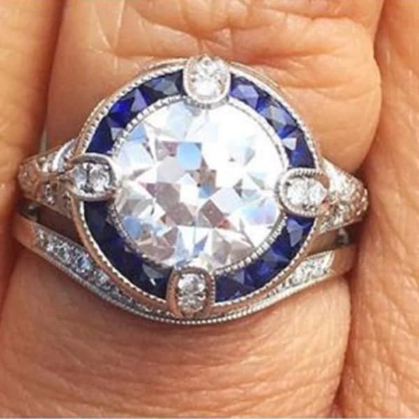 Circa 1890's Old European Moissanite Diamond Art Deco Ring Set, Antique Edwardian Ring, Vintage Engagement Ring Set In 935 Argentium Silver