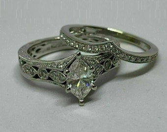 1890er Jahre Vintage 2,00 Ct Art Deco Alter europäischer Ehe-Verlobungsring-Set aus 935 Argentium Silber Marquise-Diamant-Ring-Set Antikes Braut-Set