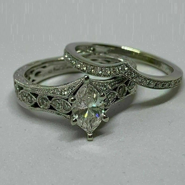 1890er Jahre Vintage 2,00 Ct Art Deco Alter europäischer Ehe-Verlobungsring-Set aus 935 Argentium Silber Marquise-Diamant-Ring-Set Antikes Braut-Set