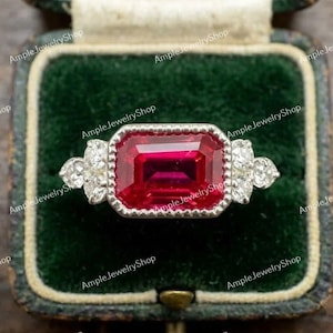 Anel de Noivado Art Déco Vintage da Década de 1890 com Rubi de Corte Esmeralda de 1,80 Ct, Anel de Rubi e Diamantes com Design Oriental em Prata 935 Argentium, Anel Antigo de Alta Qualidade