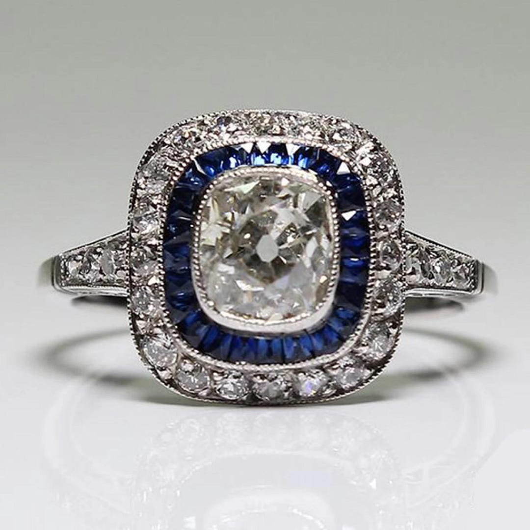 Edwardian Vintage 1890's Era 2.00ct Cushion Cut Diamond & Blue Sapphire ...