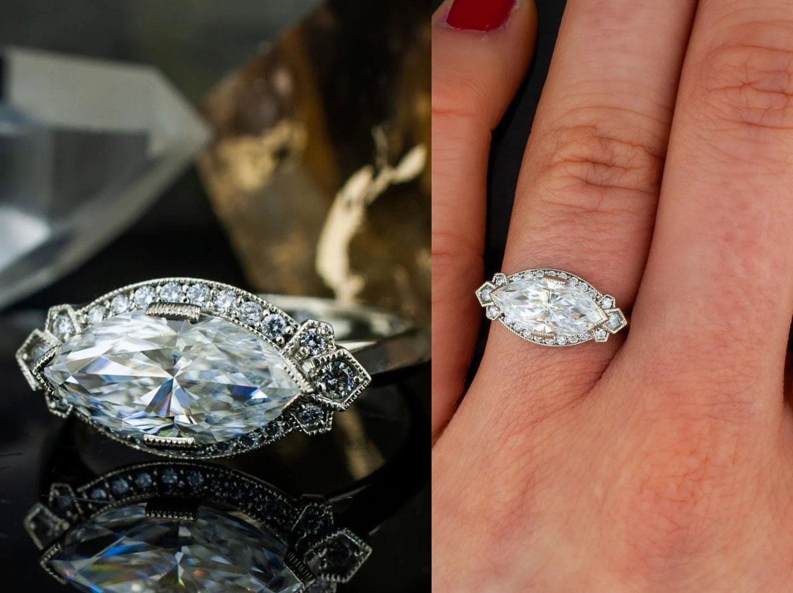 1890 s Edwardian East West Marquise Cut Diamond Vintage Engagement Ring Marquise Solitaire Ring Vintage Jewelry Ring Halo Art Deco Ring