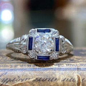1890s Vintage Antique Art Deco Engagement Ring With Filigree 4 Blue Sapphires, 2.00 Ct White Round Diamond Wedding Ring 935 Argentium Silver