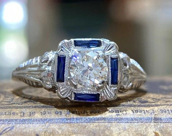 1890-talets vintage antik art déco förlovningsring med filigran 4 blå safirer, 2,00 ct vit rund diamant vigselring 935 argentium silver