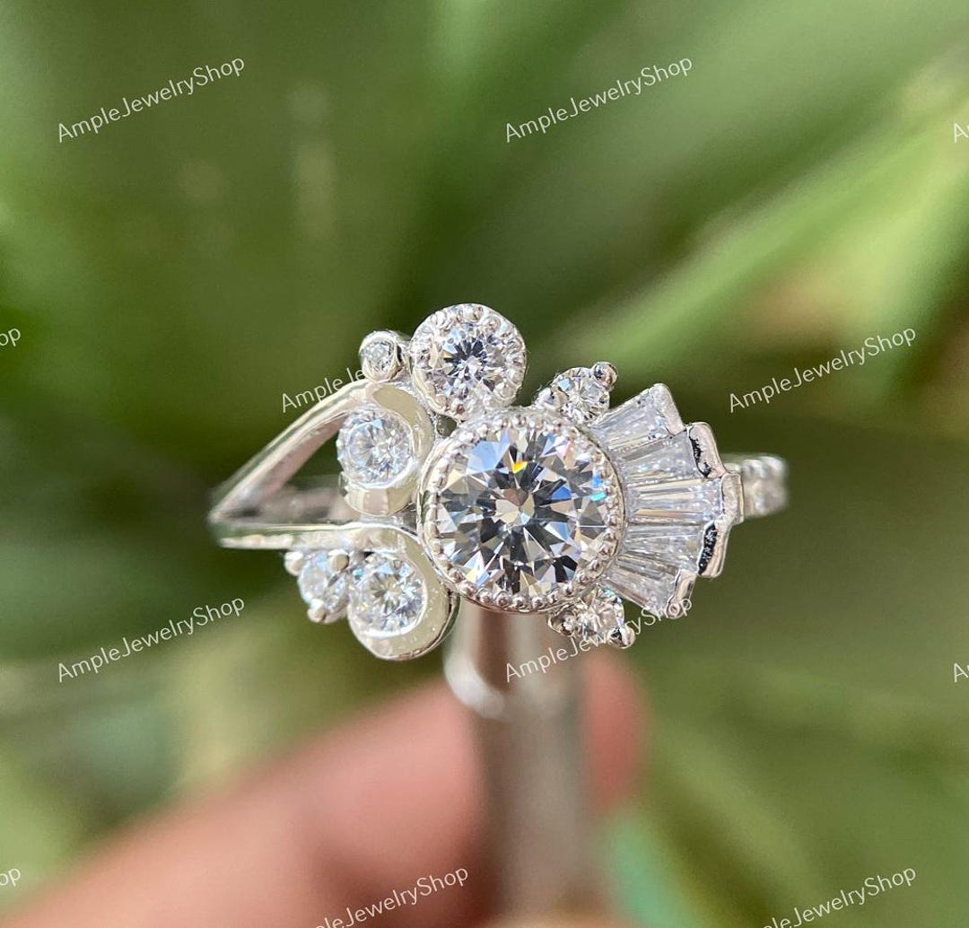 Art Deco Lab Diamond Engagement Ring: 935 Argentium Silver Wedding