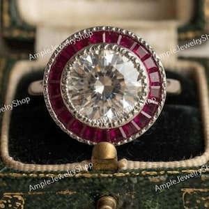 1890s Antique Art Deco 2 Ct Old European Diamond Engagement Ring In 935 Argentium Silver, Ruby Target Halo Rings, Bezel Set Diamond Rings