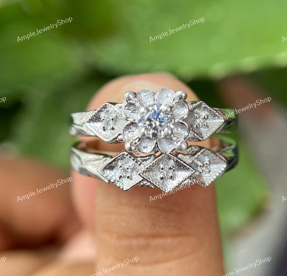 Vintage Art Deco Lab Diamond Engagement Ring Set: 935 Argentium