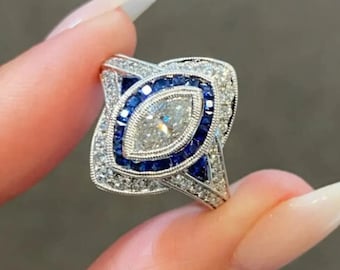 1890s 2.10Ct Marquise Cut Diamant Kultig Retro Vintage Target Ehering Verlobungsring in 935 Argentium Silber Art Deco Ring Halo Ring