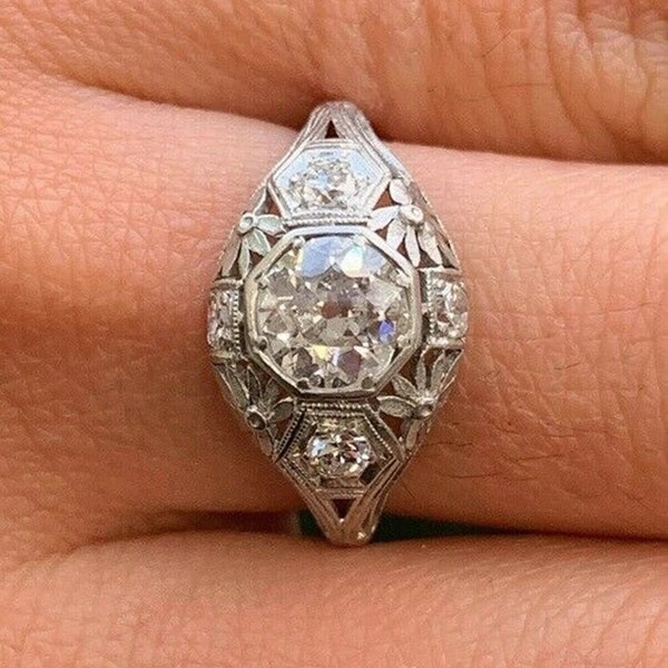 1890s Old European Moissanite Diamond Edwardian Ring, Floral Motif Vintage Ring, Era Art Deco Engagement Ring In 935 Argentium Silver
