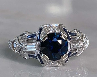 1890s Antique Art Deco 2.00 Ct Round Blue Sapphire & Diamond Vintage Engagement Wedding Ring In 935 Argentium Silver, Edwardian Ring For Her