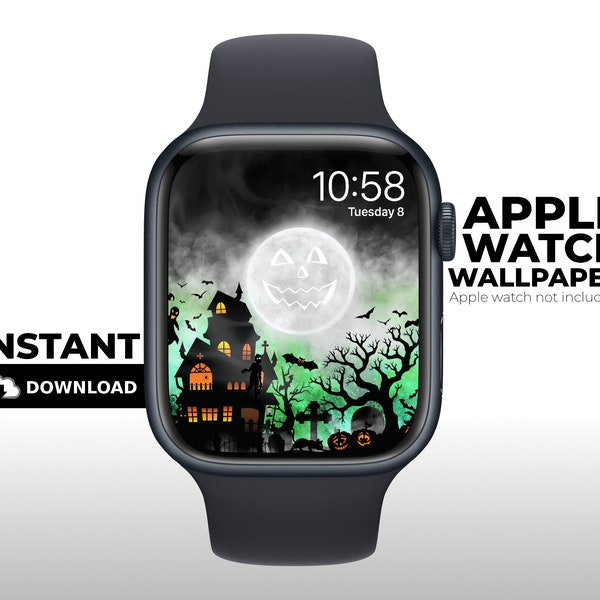 Apple Watch Wallpaper, Spooky Halloween Pumpkin Moon, Apple watch Face, Apple Watch, Green, Background, Digital Downloads, Instant download