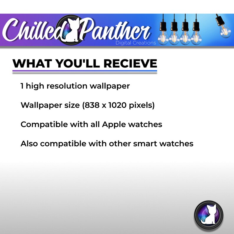 May include: A digital graphic featuring the text "Chilled Panther Digital Creations." The image details a high-resolution wallpaper, sized at 838 x 1020 pixels, compatible with Apple and other smartwatches.