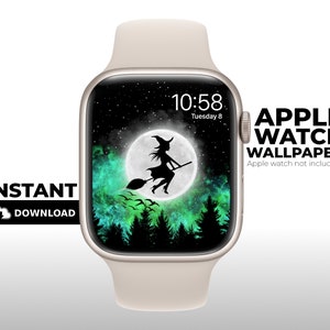May include: A beige Apple Watch shows a Halloween-themed wallpaper. The watch face features a silhouette of a witch on a broomstick flying in front of a full moon, with a green and black forest background. Text on the watch reads "10:58 Tuesday 8". The words "Apple Watch Wallpaper" are also visible.