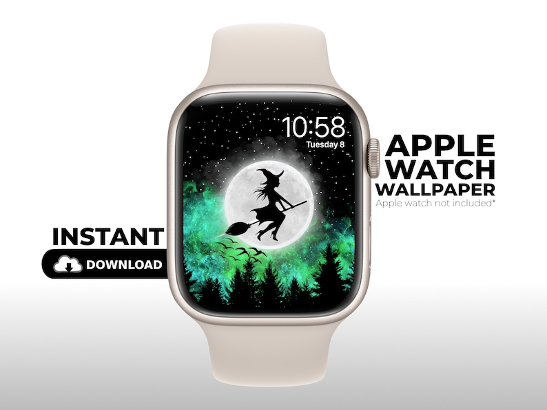 May include: A beige Apple Watch shows a Halloween-themed wallpaper. The watch face features a silhouette of a witch on a broomstick flying in front of a full moon, with a green and black forest background. Text on the watch reads "10:58 Tuesday 8". The words "Apple Watch Wallpaper" are also visible.