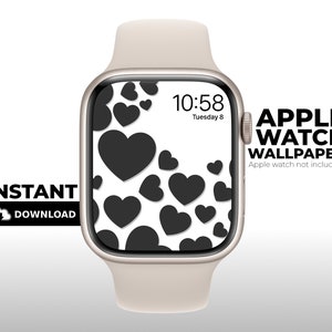 Może przedstawiać: Biały zegarek Apple Watch z tapetą w czarnym wzorze serc. Tarcza zegarka wyświetla godzinę 10:58 i datę wtorek 8. Tekst "APPLE WATCH WALLPAPER" jest wyświetlany pod tarczą zegarka. Tekst "Apple watch not included*" jest wyświetlany pod tekstem "APPLE WATCH WALLPAPER".