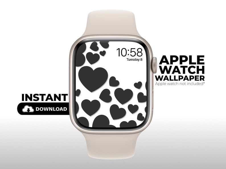 Może przedstawiać: Biały zegarek Apple Watch z tapetą w czarnym wzorze serc. Tarcza zegarka wyświetla godzinę 10:58 i datę wtorek 8. Tekst "APPLE WATCH WALLPAPER" jest wyświetlany pod tarczą zegarka. Tekst "Apple watch not included*" jest wyświetlany pod tekstem "APPLE WATCH WALLPAPER".