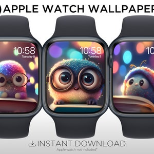 Op de afbeelding: Drie Apple Watch-achtergronden met schattige cartoonfiguren met grote ogen en brillen. Elk horlogegezicht toont een ander personage, tijd en datum. De horloges hebben donkergrijze bandjes. De tekst "3 APPLE WATCH WALLPAPERS" en "INSTANT DOWNLOAD" zijn ook zichtbaar.