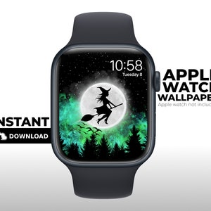 May include: A dark grey Apple Watch showing a Halloween-themed wallpaper. The wallpaper depicts a witch on a broom in front of a full moon, with green and black accents. The watch displays "10:58 Tuesday 8". The words "APPLE WATCH WALLPAPER" are also visible.